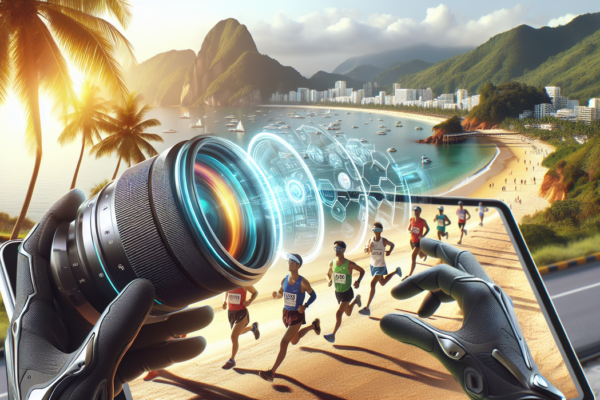 alt_text: Gadget futuristik, pelari maraton, dan keindahan pantai Sanya 2025 di satu frame.