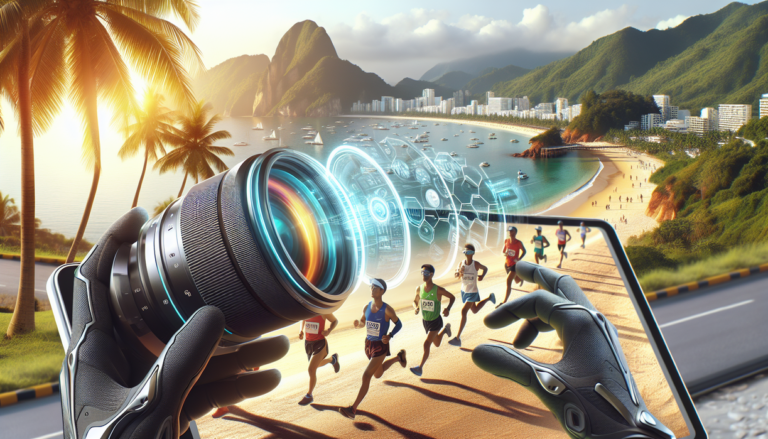 alt_text: Gadget futuristik, pelari maraton, dan keindahan pantai Sanya 2025 di satu frame.