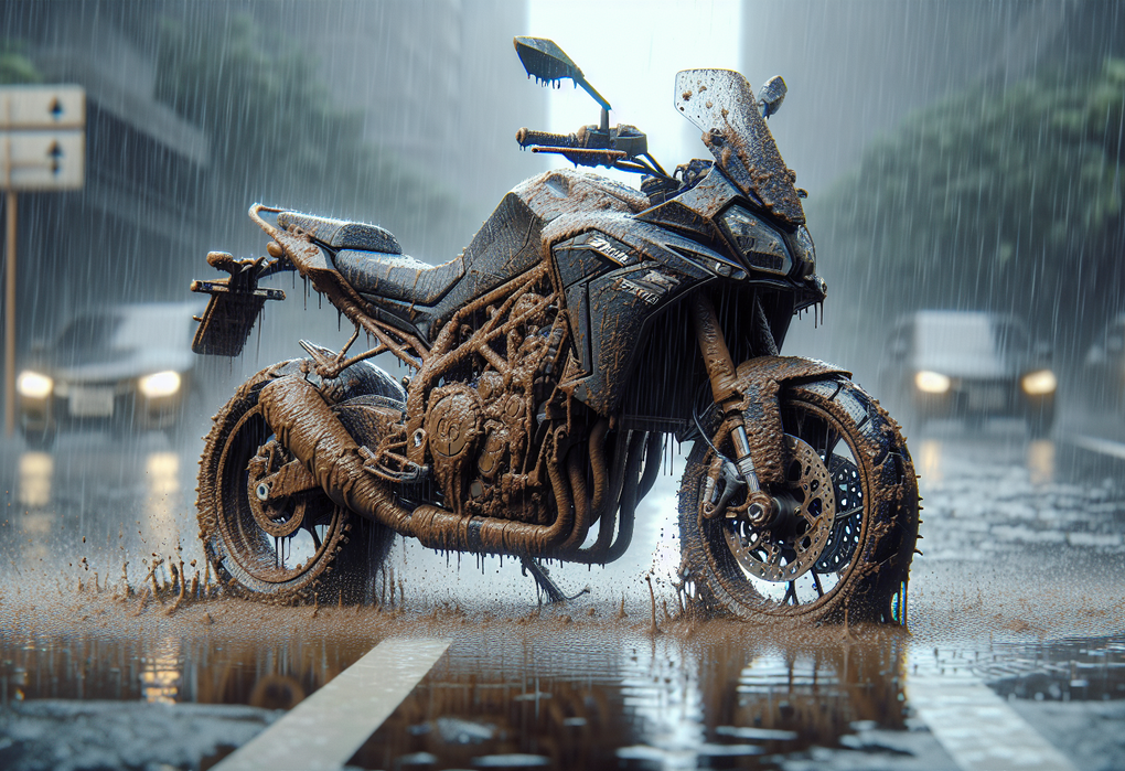 "alt_text": "Motor kotor setelah hujan, penting untuk perawatan agar tetap bersih dan terawat."