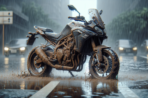 "alt_text": "Motor kotor setelah hujan, penting untuk perawatan agar tetap bersih dan terawat."