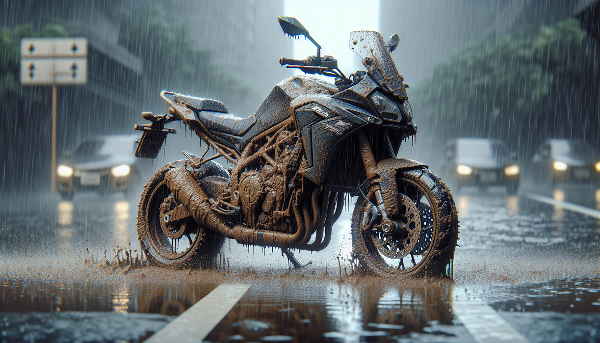 "alt_text": "Motor kotor setelah hujan, penting untuk perawatan agar tetap bersih dan terawat."