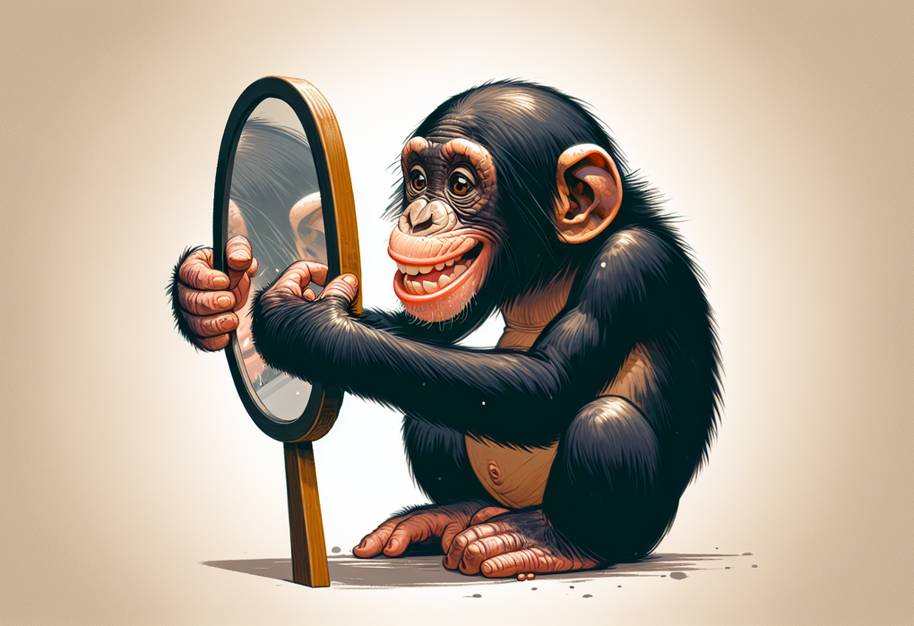 alt_text: Bonobo bermain ceria dengan objek cermin, berekspresi penasaran dan penuh keingintahuan.