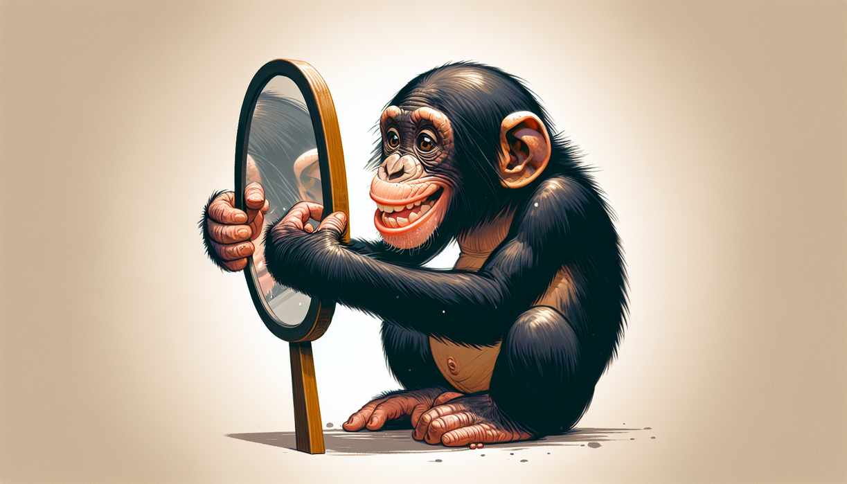 alt_text: Bonobo bermain ceria dengan objek cermin, berekspresi penasaran dan penuh keingintahuan.