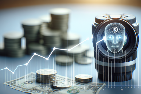 "alt_text": "Grafik kenaikan nilai uang dengan ikon kecerdasan buatan di latar belakang."