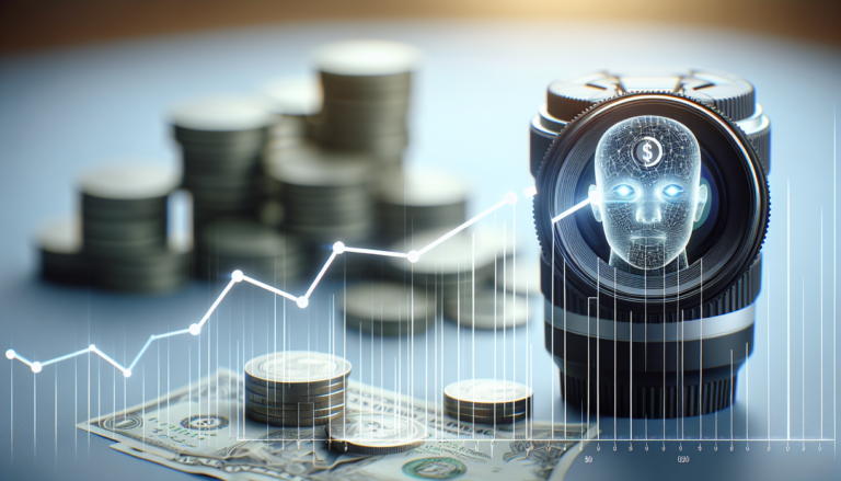 "alt_text": "Grafik kenaikan nilai uang dengan ikon kecerdasan buatan di latar belakang."