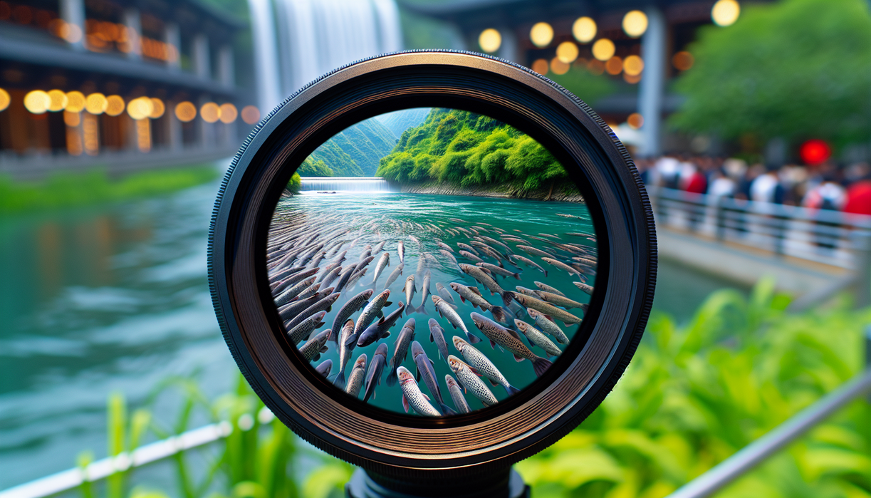 alt_text: Sungai di China dengan ikan besar, simbol kebangkitan dan konservasi lingkungan.