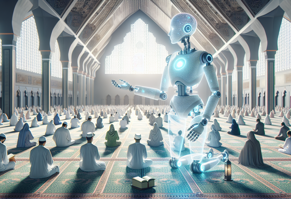 alt_text: "Ilustrasi AI membantu umat Islam beribadah di surau modern selama Ramadan."