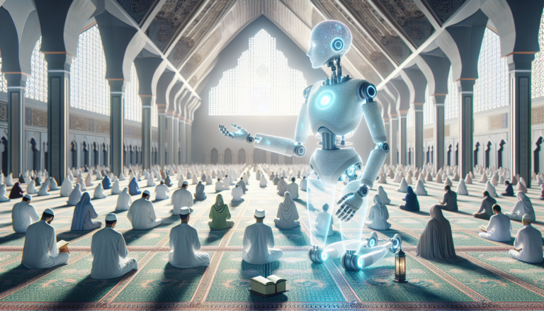 alt_text: "Ilustrasi AI membantu umat Islam beribadah di surau modern selama Ramadan."