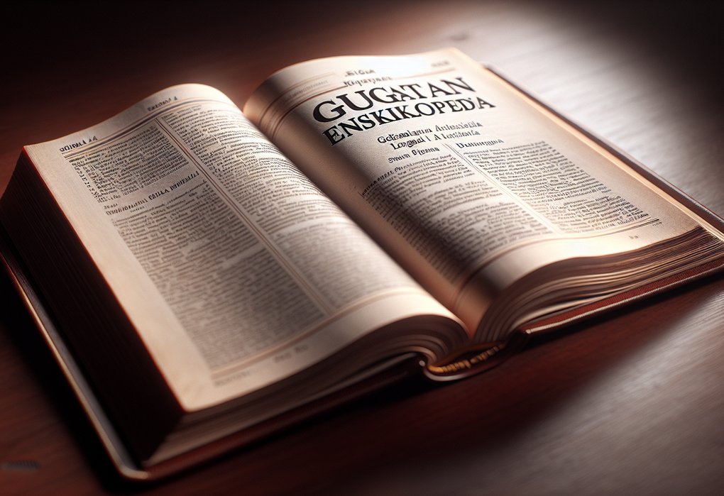alt_text: Buku hukum terbuka di atas meja dengan tulisan "Gugatan Ensiklopedia" dan GPT-4 disebutkan.