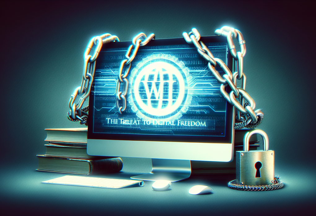 alt_text: "Ilustrasi pemblokiran akses Wikimedia, simbol ancaman terhadap kebebasan digital."