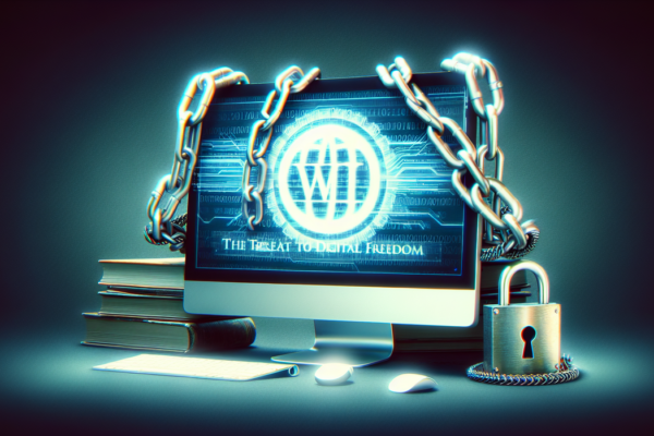 alt_text: "Ilustrasi pemblokiran akses Wikimedia, simbol ancaman terhadap kebebasan digital."