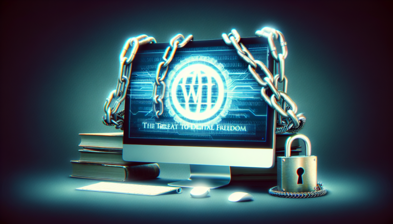 alt_text: "Ilustrasi pemblokiran akses Wikimedia, simbol ancaman terhadap kebebasan digital."