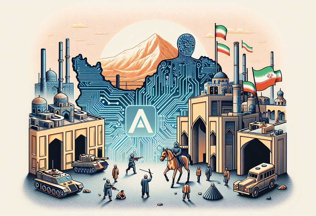 "alt_text": "Ilustrasi perlawanan Iran terhadap dominasi AI global dengan simbol teknologi dan perjuangan."