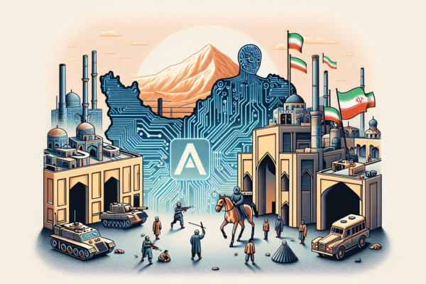 "alt_text": "Ilustrasi perlawanan Iran terhadap dominasi AI global dengan simbol teknologi dan perjuangan."