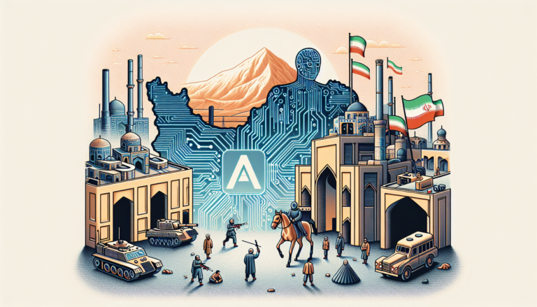 "alt_text": "Ilustrasi perlawanan Iran terhadap dominasi AI global dengan simbol teknologi dan perjuangan."