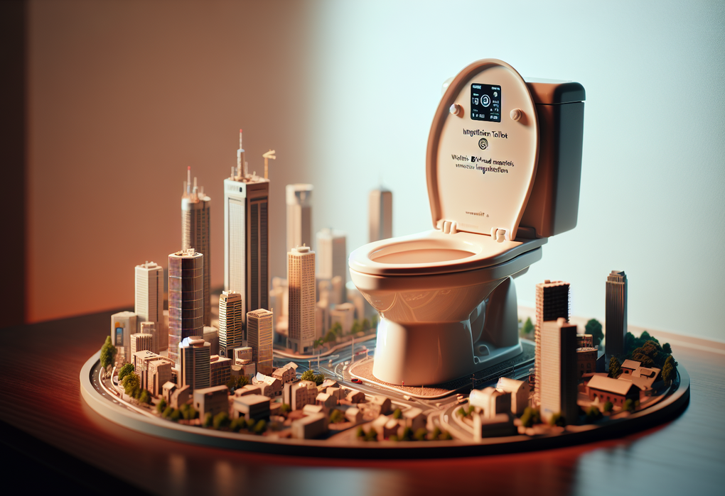alt_text: Toilet pintar dengan sensor hidrasi di kota, memantau kesehatan pengguna secara otomatis.