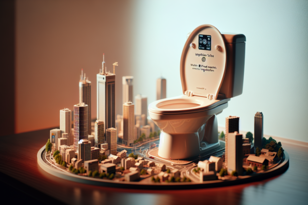 alt_text: Toilet pintar dengan sensor hidrasi di kota, memantau kesehatan pengguna secara otomatis.