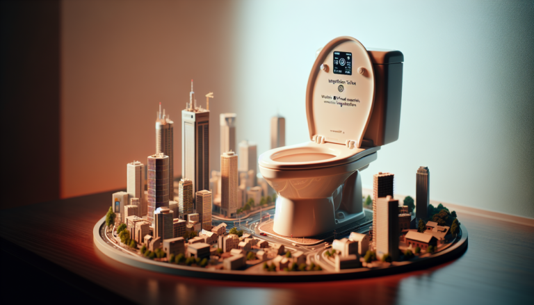 alt_text: Toilet pintar dengan sensor hidrasi di kota, memantau kesehatan pengguna secara otomatis.