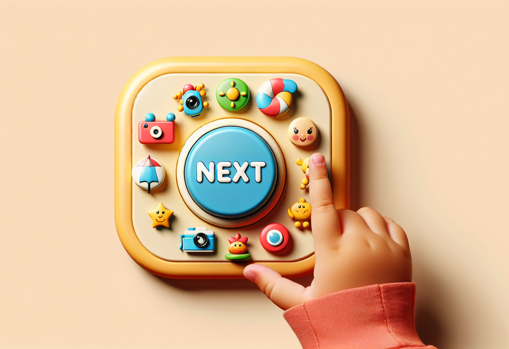 alt_text: Tombol Next dirancang ramah anak dengan ikon ceria dan warna menarik untuk memandu mereka.