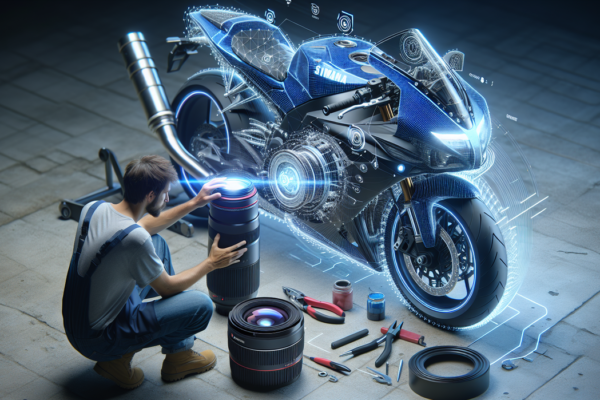 alt_text: Teknisi memeriksa motor Yamaha dengan alat digital, memberi pengalaman servis modern.