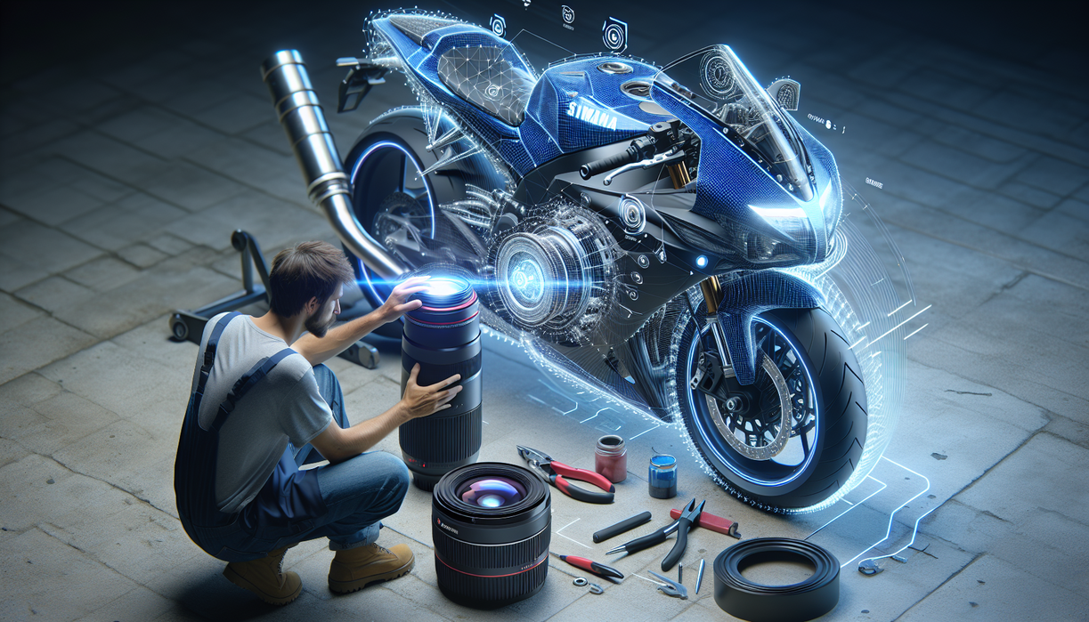 alt_text: Teknisi memeriksa motor Yamaha dengan alat digital, memberi pengalaman servis modern.