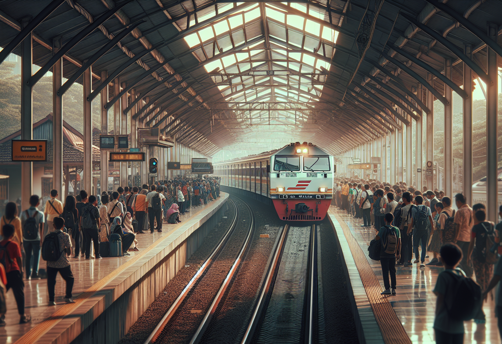 alt_text: KRL lintas Bekasi-Cikarang siap berangkat siang ini, suasana stasiun ramai penumpang.