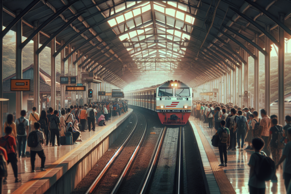 alt_text: KRL lintas Bekasi-Cikarang siap berangkat siang ini, suasana stasiun ramai penumpang.