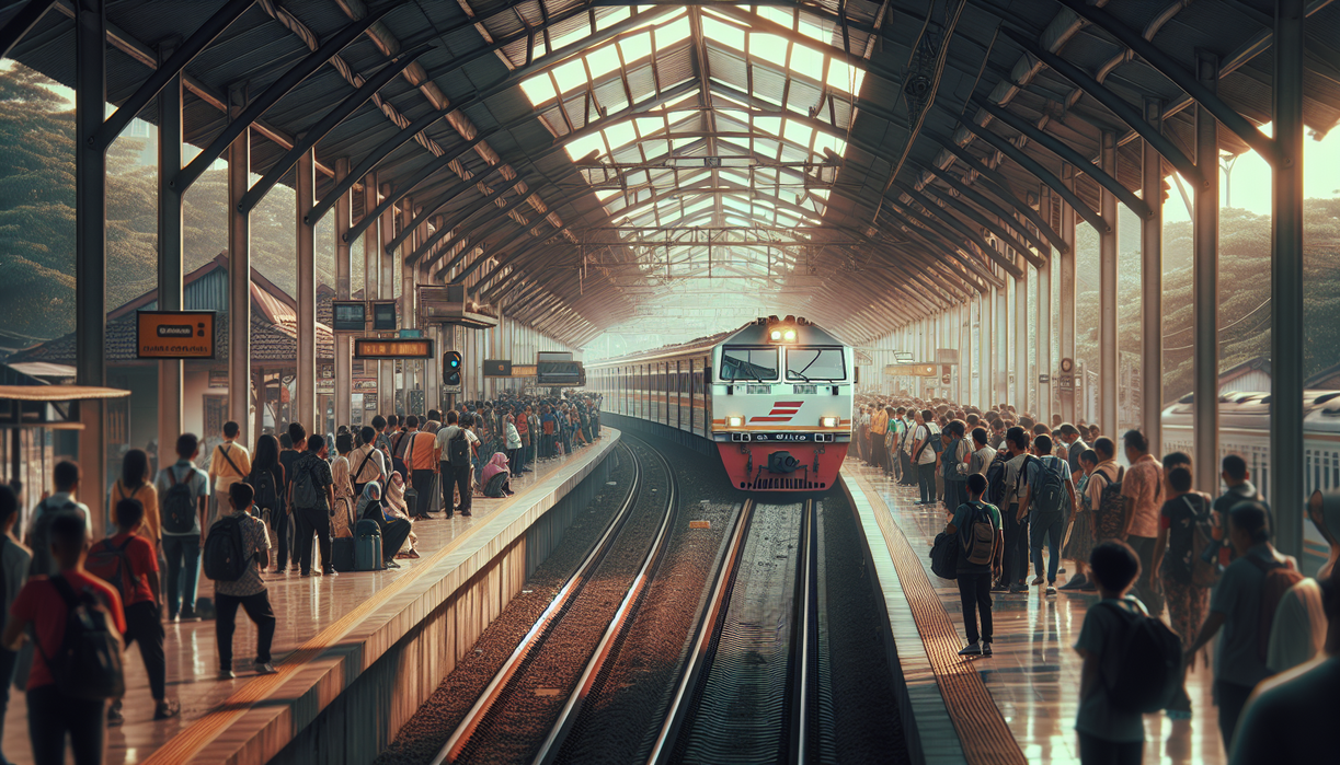 alt_text: KRL lintas Bekasi-Cikarang siap berangkat siang ini, suasana stasiun ramai penumpang.