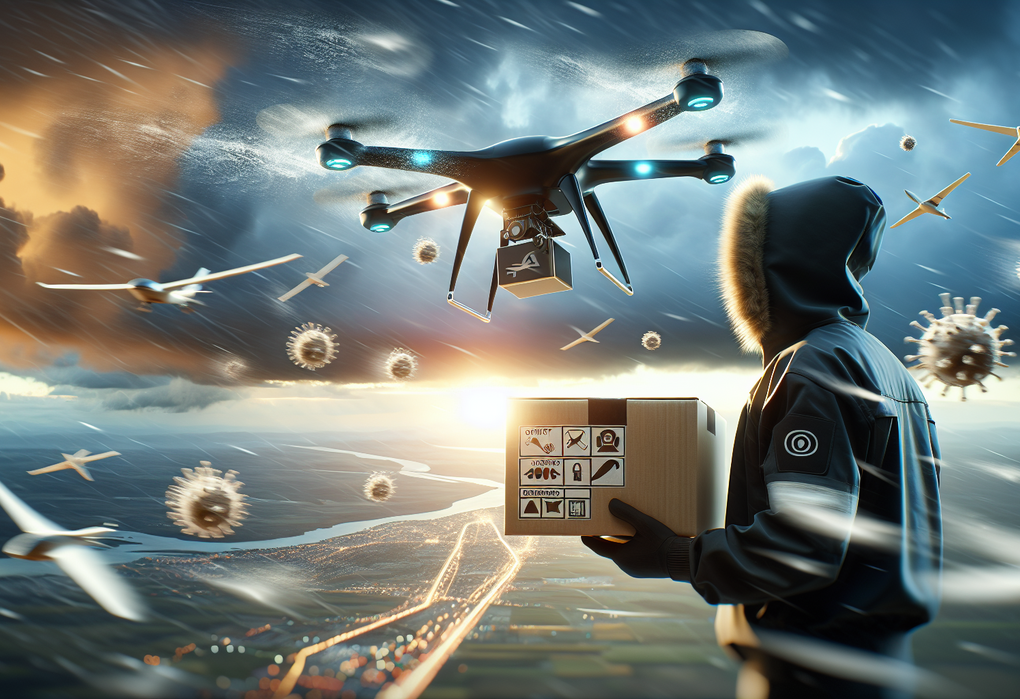 alt_text: Drone membawa paket di langit, risiko keamanan dan cuaca menjadi perhatian utama.