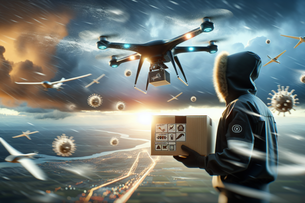 alt_text: Drone membawa paket di langit, risiko keamanan dan cuaca menjadi perhatian utama.