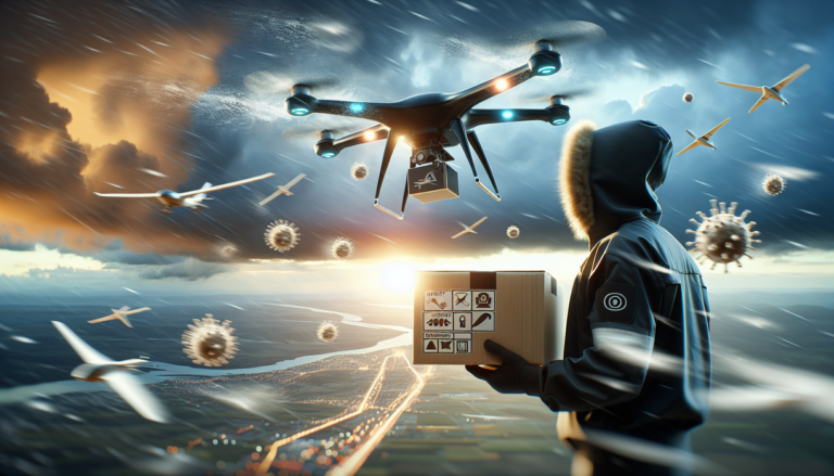 alt_text: Drone membawa paket di langit, risiko keamanan dan cuaca menjadi perhatian utama.