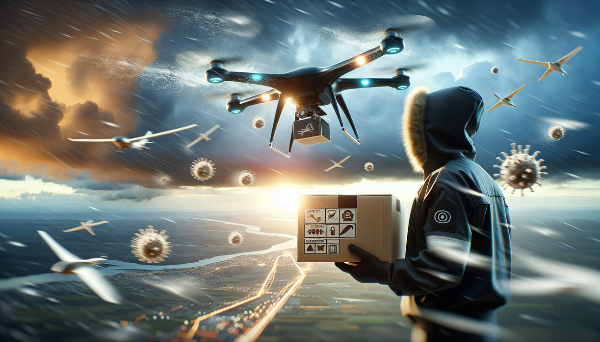 alt_text: Drone membawa paket di langit, risiko keamanan dan cuaca menjadi perhatian utama.